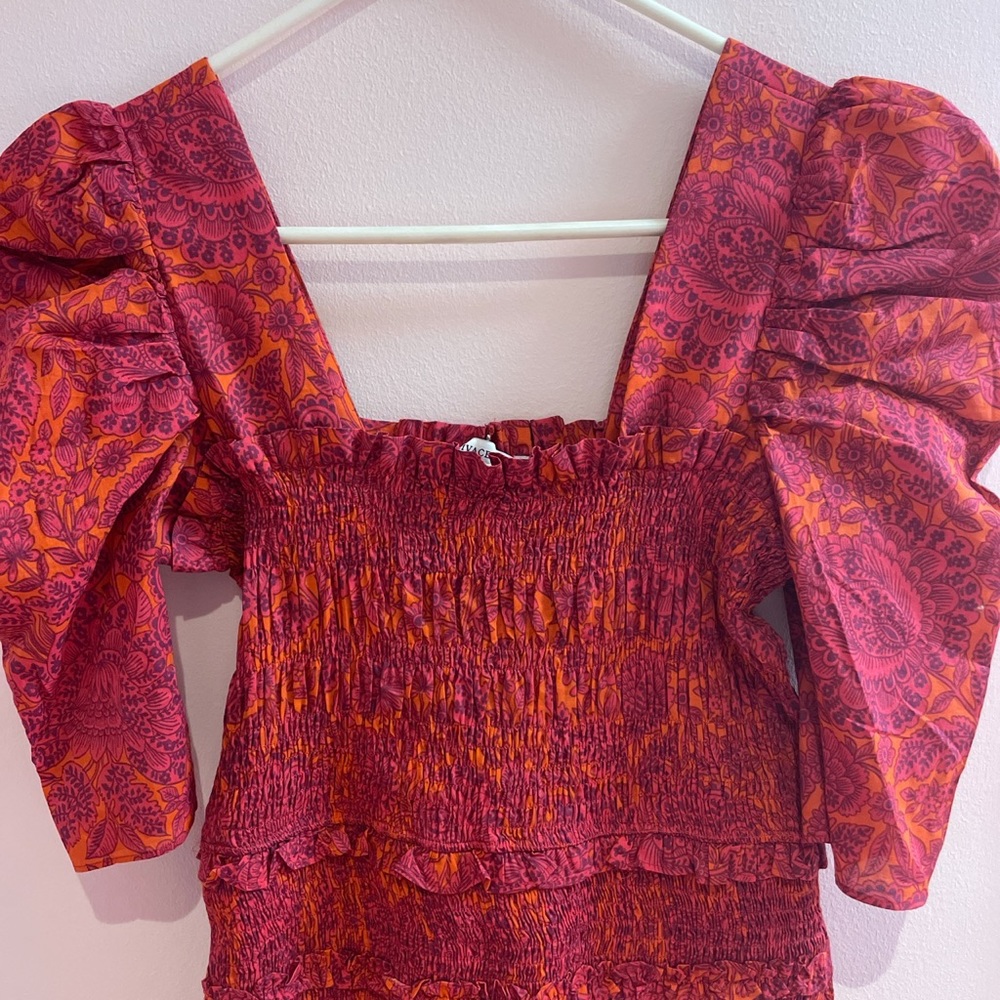 Smocked Puff Sleeve Pink and Orange Ruched Dress